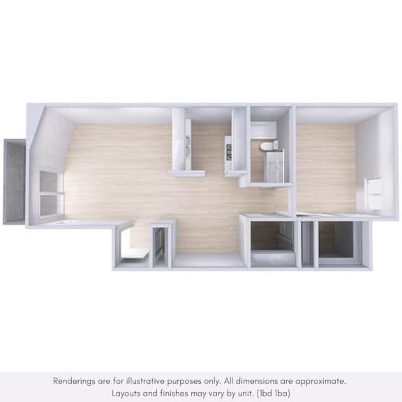 A 3D rendering of a modern, minimalist room with a kitchen area.