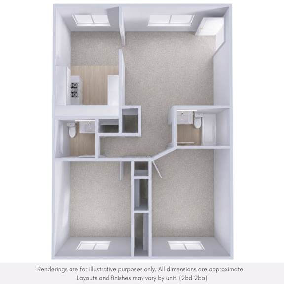 A diagram of a two-bedroom apartment with a kitchen and bathroom.
