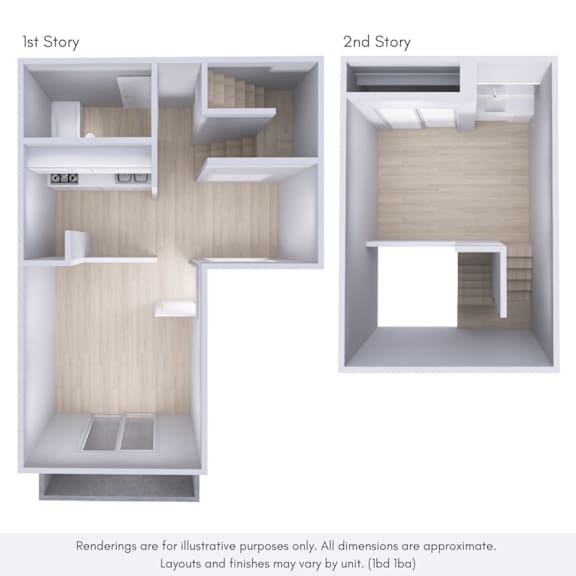 Two story layouts of a room with a kitchen and a bathroom.