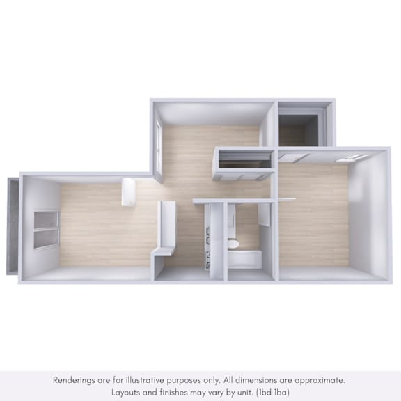 A 3D rendering of a house layout with a kitchen, living room, and bathroom.