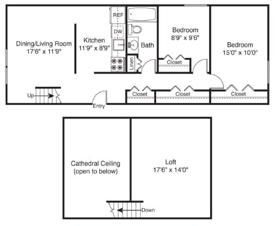 A floor plan of a house with a dining/living room, kitchen, two bathrooms, two bedrooms, a loft, and a cathedral ceiling.