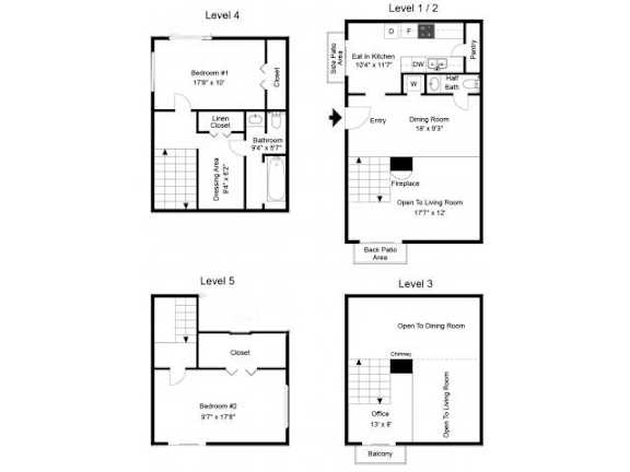 A set of four floor plans for a multi-level residential building.