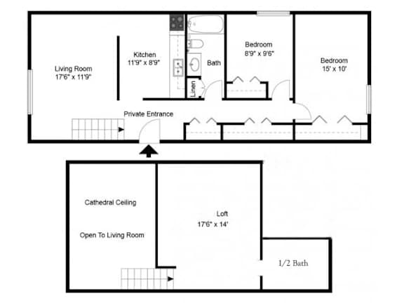A floor plan of a house with a living room, two bedrooms, a bathroom, a kitchen, a loft, and an open ceiling.