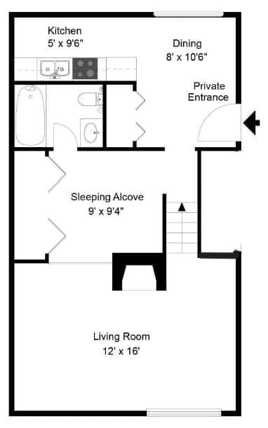 A floor plan of a small apartment with a kitchen, living room, and sleeping alcove.