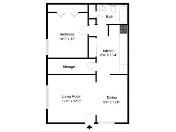 A floor plan of a small apartment with a living room, dining room, kitchen, bedroom, and bathroom.