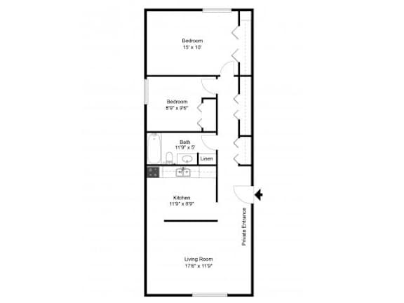 A floor plan of a house with a living room, two bedrooms, a bathroom, and a kitchen.