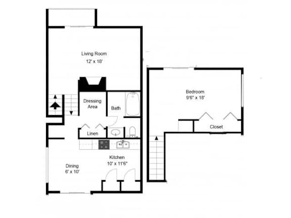 A floor plan of a small apartment with a living room, bedroom, kitchen, and dining area.