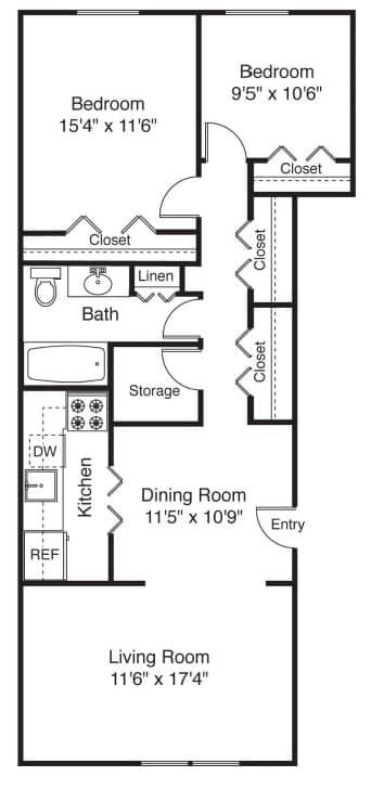 A floor plan of a house with a living room, two bedrooms, a dining room, a kitchen, a bathroom, and storage.