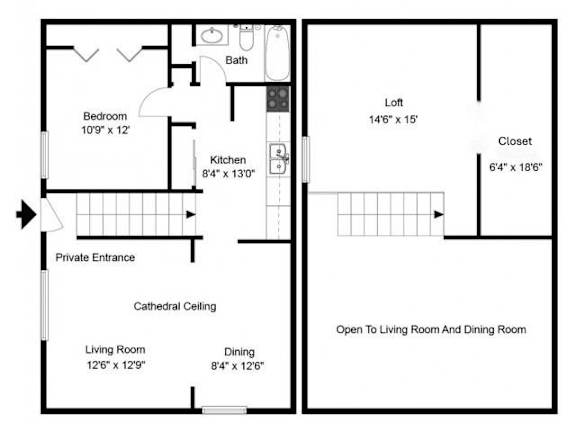 A floor plan of a house with a living room, dining room, kitchen, bedroom, bathroom, closet, and cathedral ceiling.