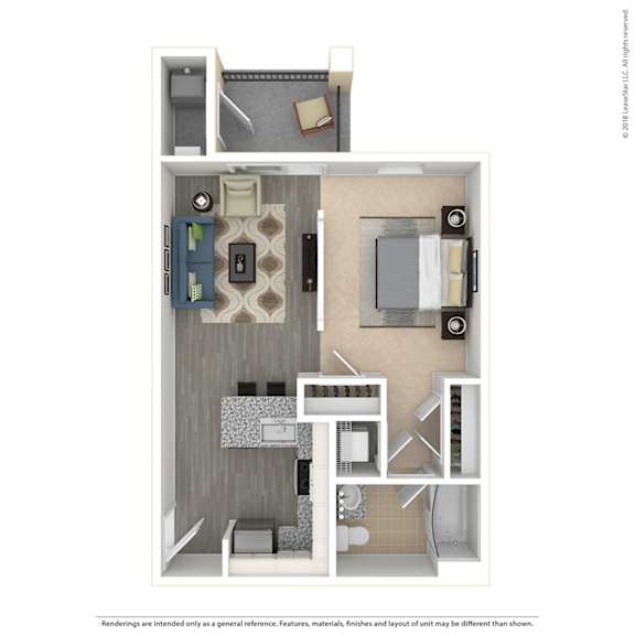 A floor plan of a small apartment with a kitchen, living room, and bathroom.