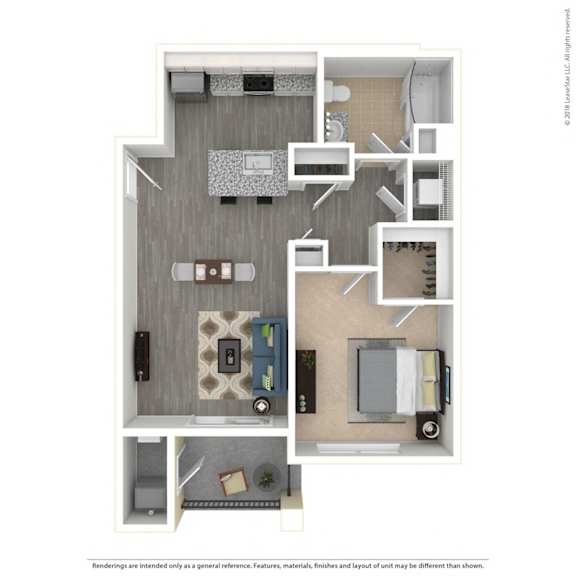 A floor plan of a small apartment with a kitchen, living room, and bathroom.