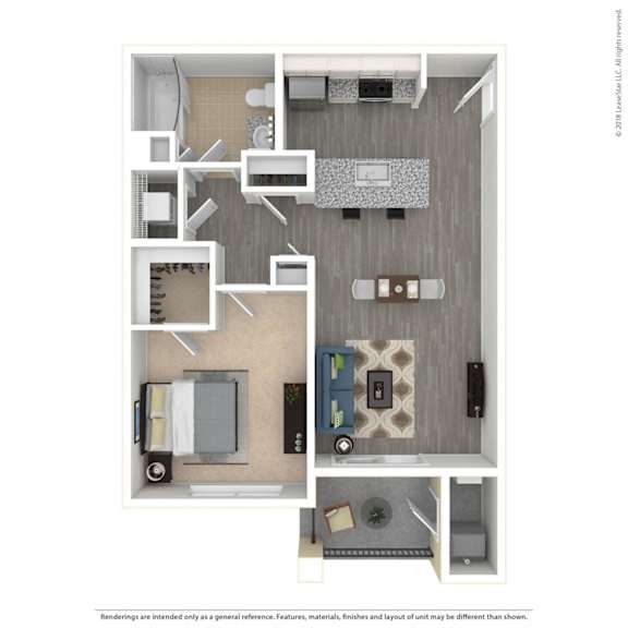 A floor plan of a small apartment with a kitchen, living room, and bathroom.