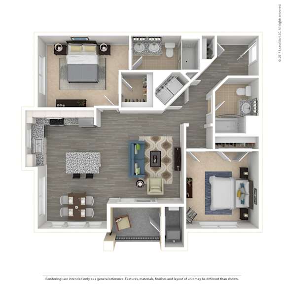 A floor plan of an apartment with a living room, kitchen, and bedrooms.