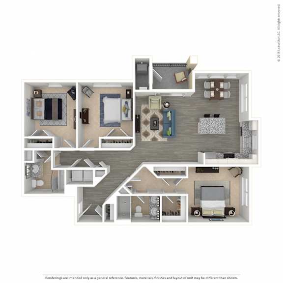 Floor Plan  A floor plan of an apartment with a kitchen, living room, and two bedrooms.