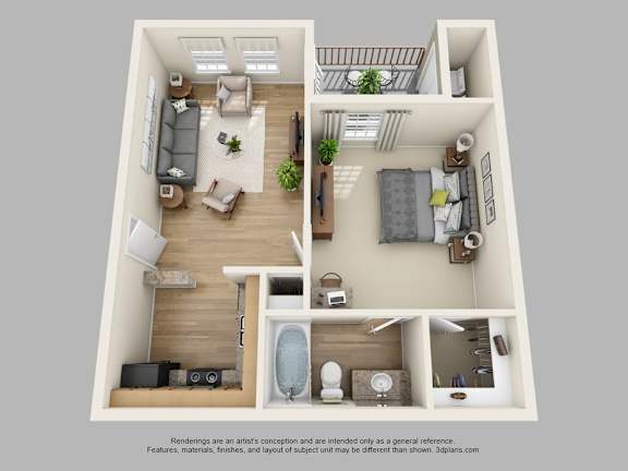 A 3D floor plan of a small apartment with a living room, kitchen, and bathroom.