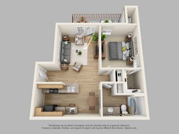 A 3D floor plan of a house with a kitchen, living room, bedrooms and bathrooms.