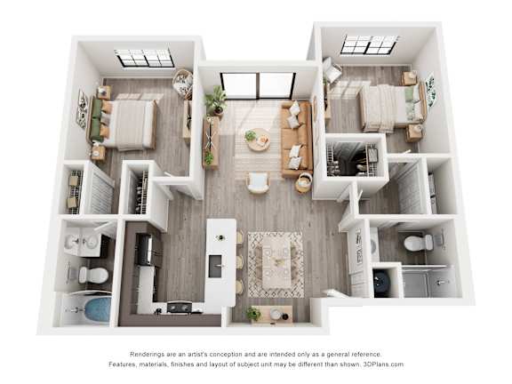 Floor Plan  A 3D floor plan of a small apartment with a kitchen, living room, and two bedrooms.