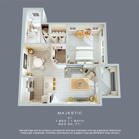 Floor Plan  Majestic 1 BED | 1 BATH  803 SQ FT- The Atlantic Palms at Tradition