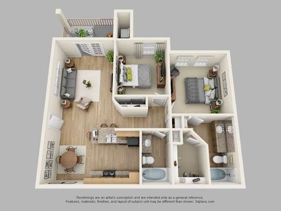 A 3D floor plan of a house with a kitchen, living room, dining room, and bathroom.