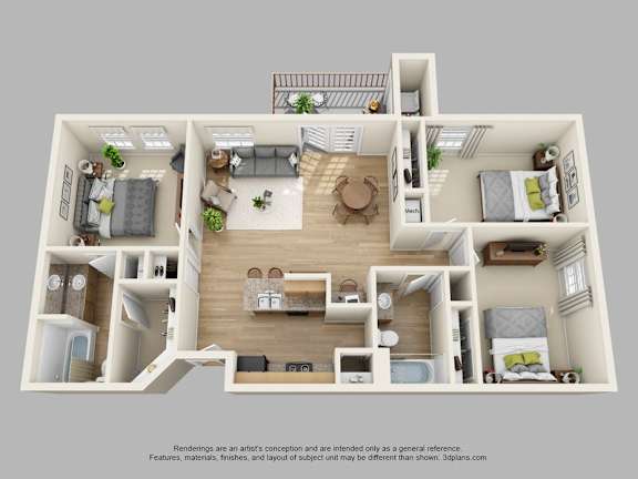 A 3D floor plan of a house with a kitchen, living room, bedrooms, and bathrooms.