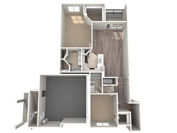 A 3D floor plan of a house with a kitchen, living room, and bathroom.