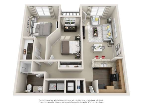 A 3D rendered image of a house layout.