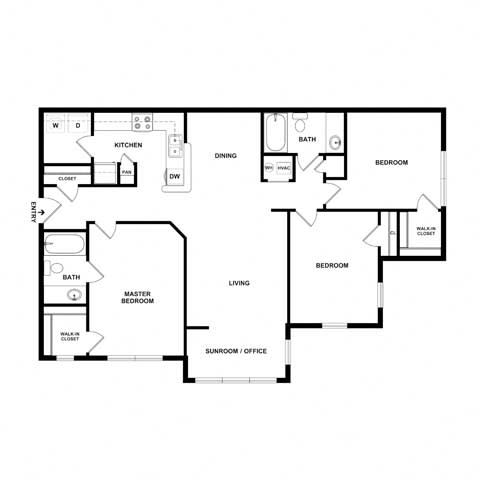 3 Bedroom 2 Bath Floor Plan at The Atlantic River West, Atlanta