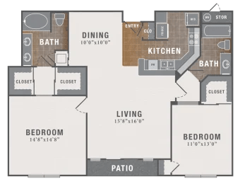 A floor plan of a house with two bedrooms, a living room, a dining room, a kitchen, a bathroom, a closet, and a patio.