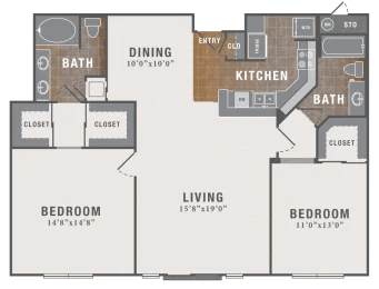 A floor plan of a home with two bedrooms, a living room, a dining room, a kitchen, and two bathrooms.