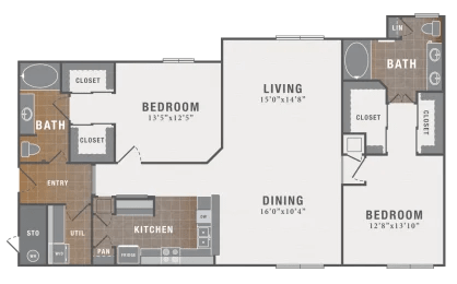 A floor plan of a house with a living room, dining room, kitchen, and two bedrooms.
