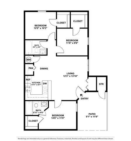 3 bed 2 bath The Fredricksburg Floor Plan at The Atlantic Grand Oaks, Austin, 78748