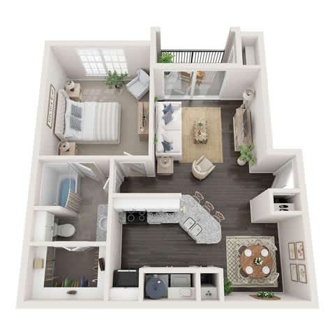 A 3D floor plan of a small apartment with a kitchen, living room, and bedroom. at Reserve at Canyon Creek, San Antonio,TX,78230
