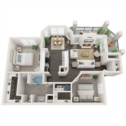 A 3D floor plan of a house with a kitchen, living room, and bathroom. at Reserve at Canyon Creek, San Antonio,78230