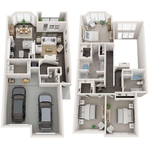 Two floor plan images of a house with two bedrooms, two bathrooms, a living room, a kitchen, a dining room, and a garage at Reserve at Canyon Creek,San Antonio,TX,78230