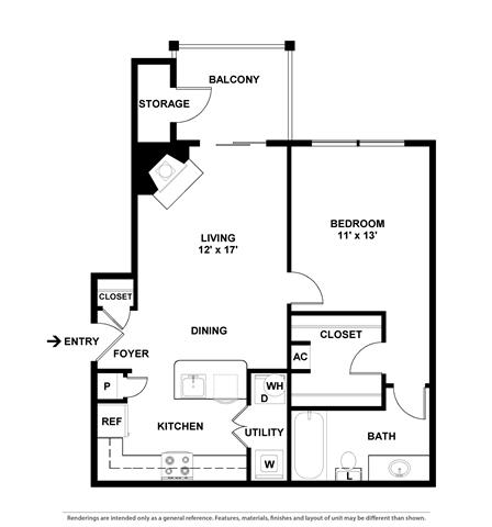 1 bedroom 1 bath and living floor plan at Village of Hawks Creek Apartments, Westworth Village Texas