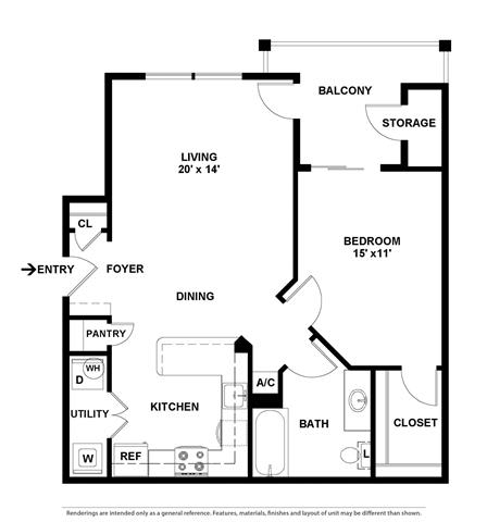 1 bedroom floor plan at Village of Hawks Creek Apartments, Westworth Village