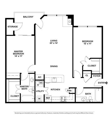 2 bedroom floor plan at Village of Hawks Creek Apartments, Westworth Village