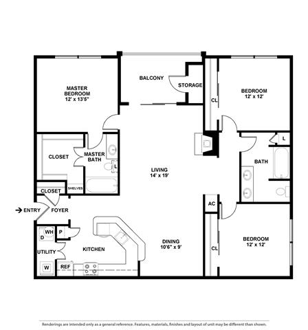 this is the image of a floor plan with bedrooms and baths at Village of Hawks Creek Apartments, Texas, 76114