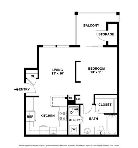 1 bedroom floor plan at Village of Hawks Creek Apartments, Westworth Village, TX 76114