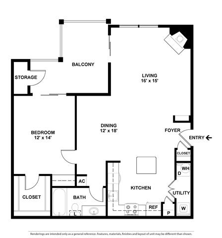 1 bedroom floor plan at Village of Hawks Creek Apartments, Texas, 76114