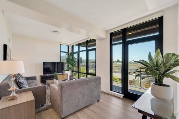 a living room with a couch and a tv and sliding glass doors