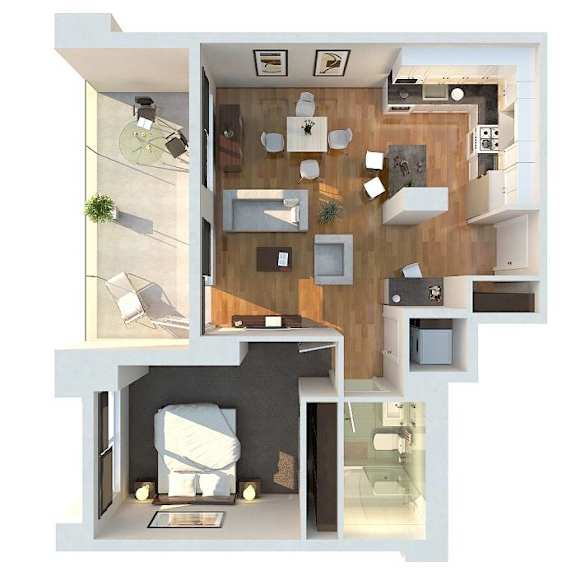 A 3D floor plan of a small apartment with a kitchen, living room, and bathroom.