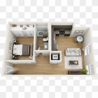 A 3D floor plan of a small apartment with a kitchen, living room, and bedroom.