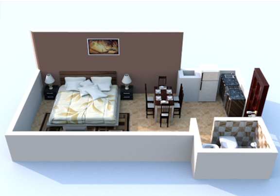 a room with a bed and a desk and a living room