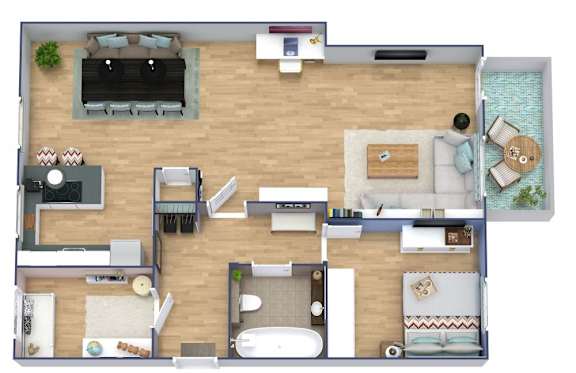 A top-down view of a house layout with a pool.