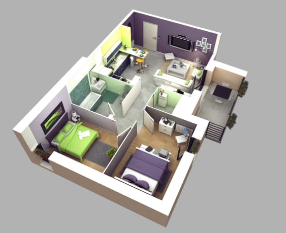 a 3d floor plan of a small apartment