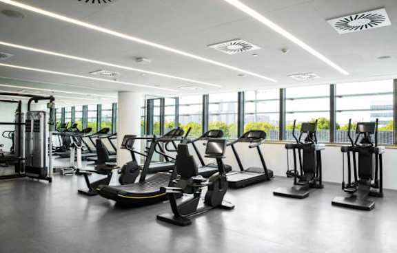 a gym with a large amount of exercise equipment