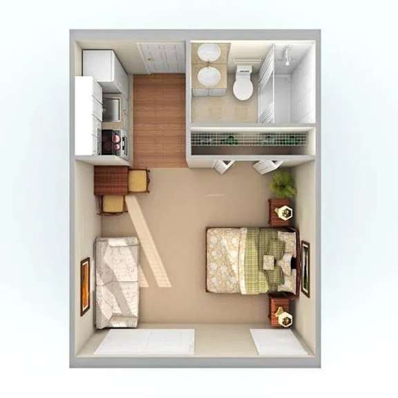 a 3d drawing of a bedroom with a bathroom and a living room