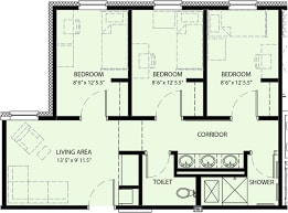 A floor plan of a house with three bedrooms and a living area.