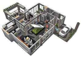 A 3D model of a house with a car parked outside.